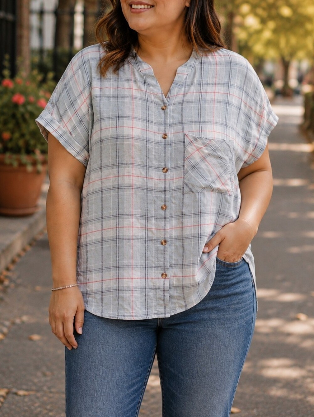 Grace & Lace Gray Pink Plaid Button Down Shirt Rayon Blend Casual Coastal Fall